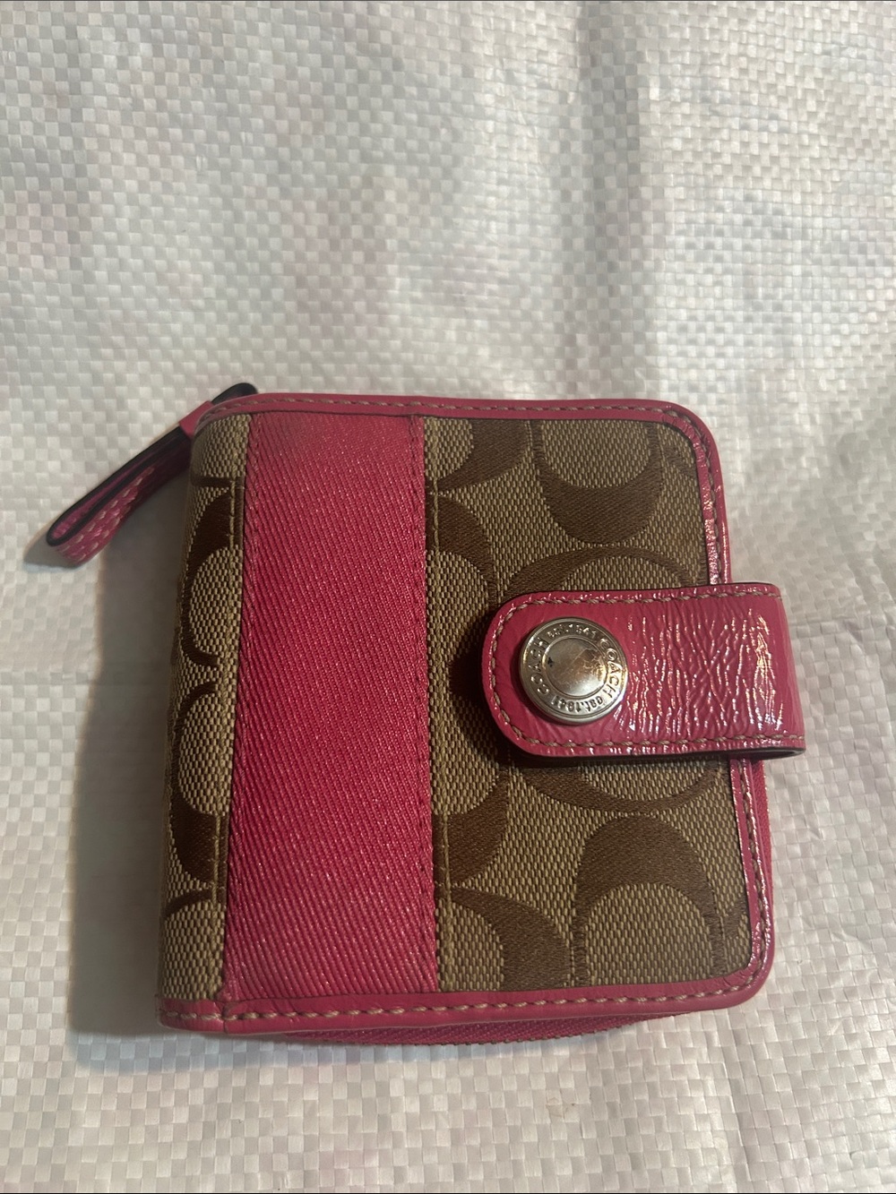Coach Brown Signature Canvas Wallet with Pink Leather Trim vintage Y2K